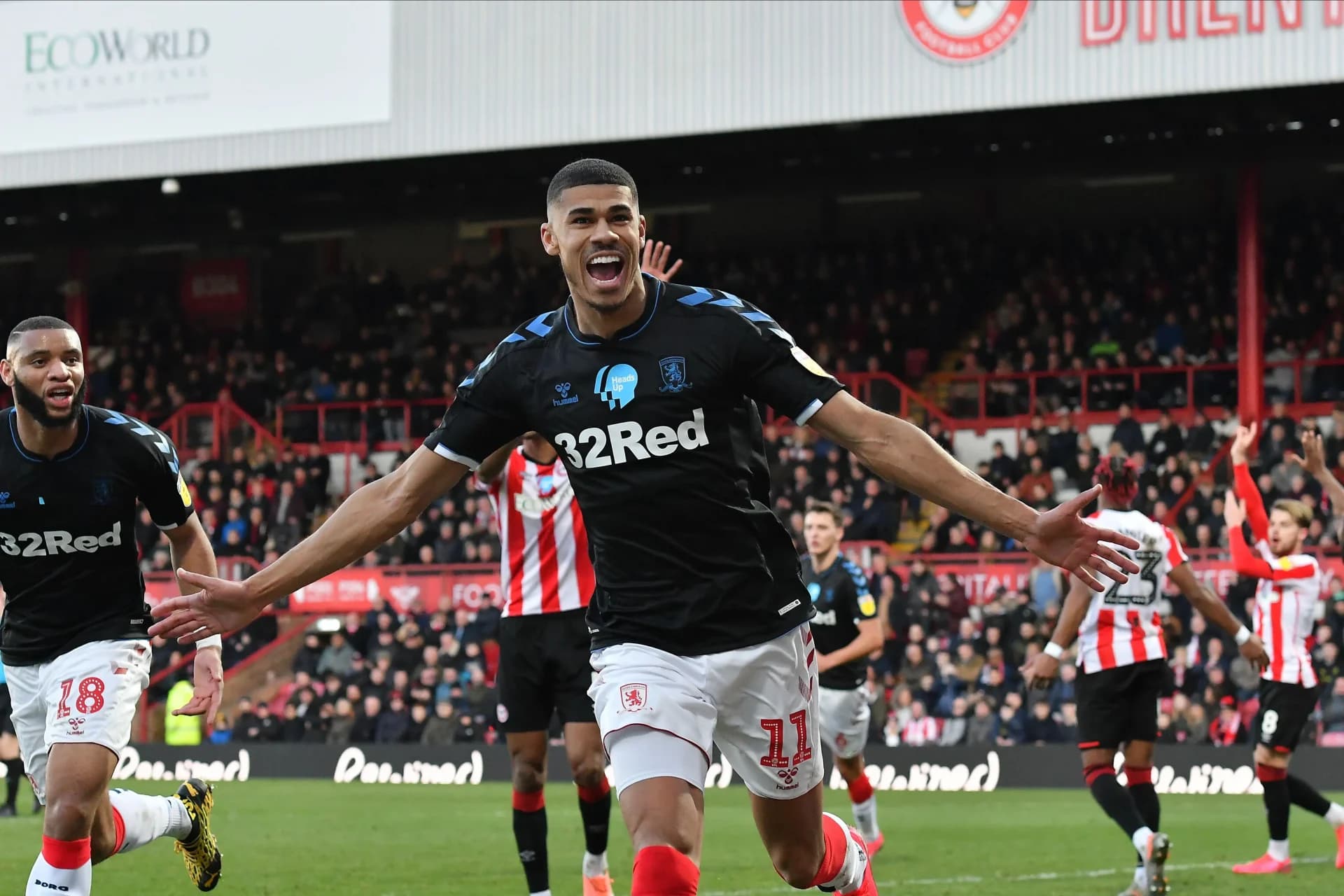 Ashley Fletcher of Middlesborough celebrates a goal during the Sky Bet Championship match between Brentford and Middlesbrough at Griffin Park on February 8, 2020 in Brentford, 