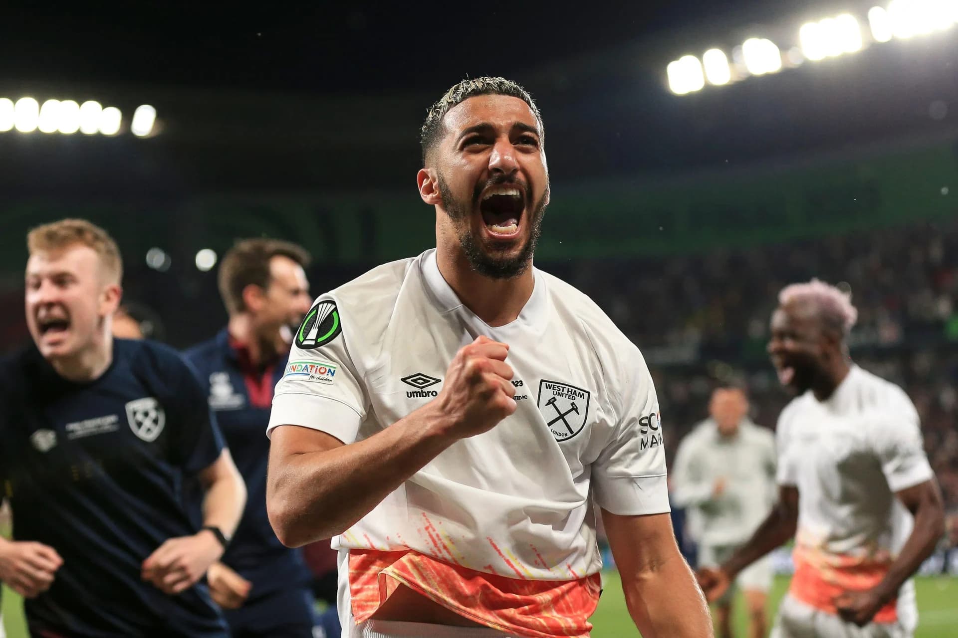Said Benrahma of West Ham United celebrates after the UEFA Conference League Final match between Fiorentina and West Ham United at Fortuna Arena on June 7th 2023 in Prague, Czechia. 