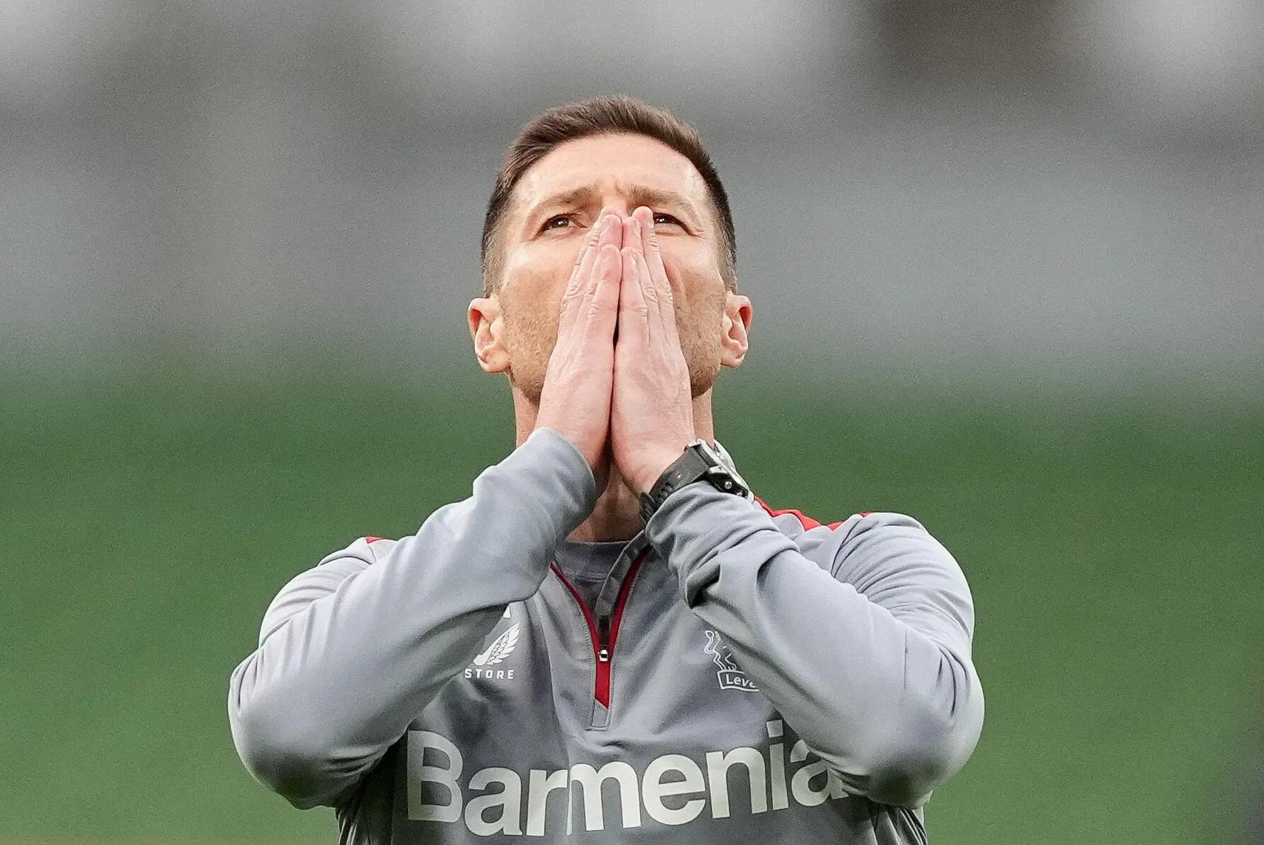 Bayer Leverkusen manager Xabi Alonso reacts during a training session at the Aviva Stadium in Dublin ahead of the UEFA Europa League final on Wednesday