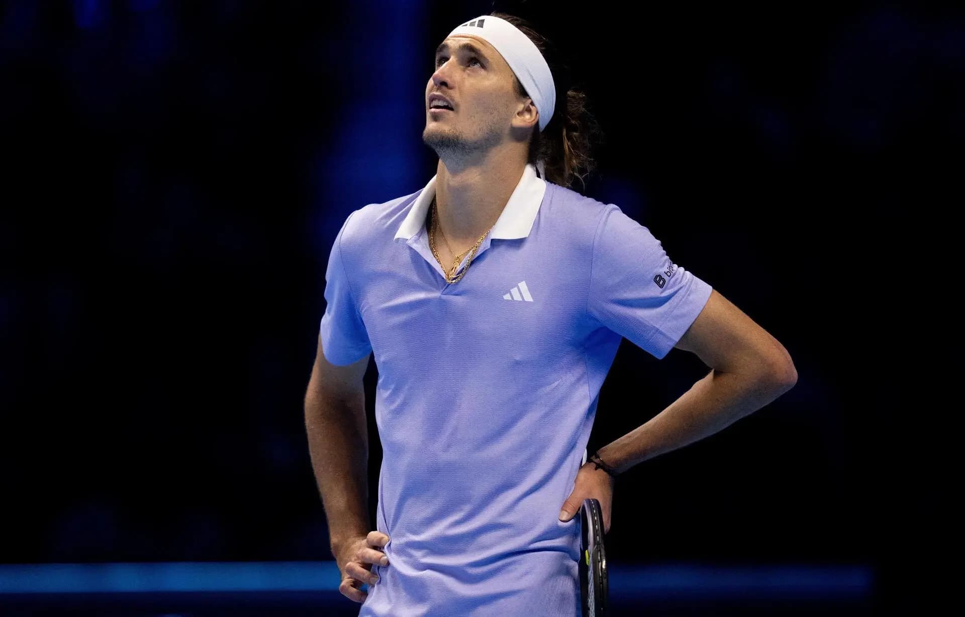 Germany's Alexander Zverev react at video review during the singles tennis match of the ATP World Tour Finals