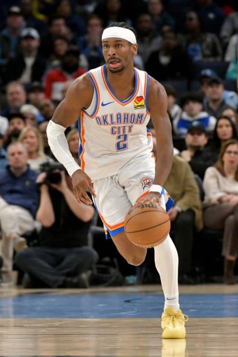 Oklahoma City Thunder guard Shai Gilgeous-Alexander, the current NBA MVP, brings the ball up court in the second half of an NBA basketball game against the Memphis Grizzlies Wednesday, March 5, 2025, in Memphis, Tenn. (AP Photo/Brandon Dill)