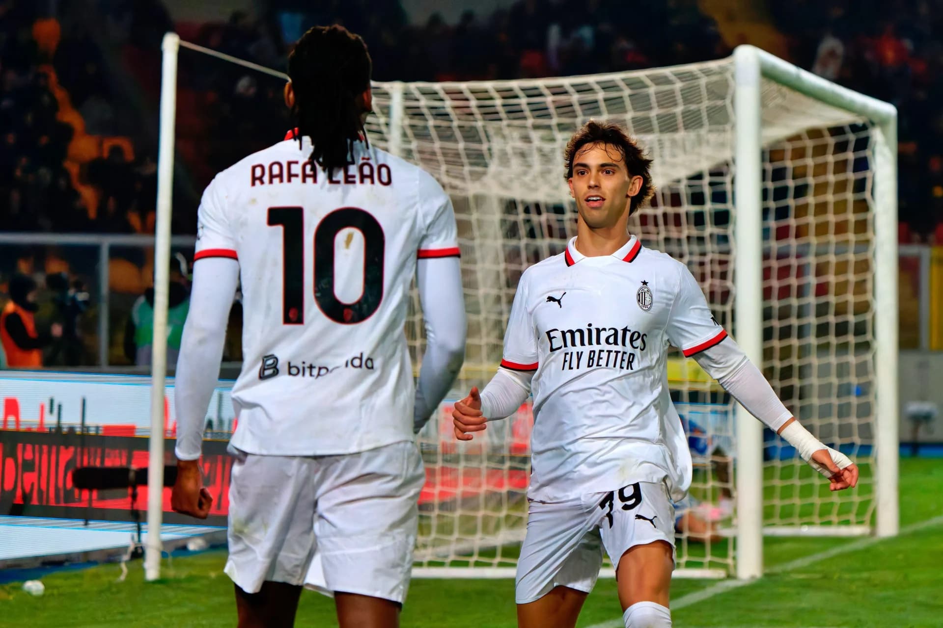 Lecce, Italy. 08th Mar, 2025. Joao Felix of AC Milan celebrates with Rafael Leao of AC Milan during US Lecce vs AC Milan, Italian soccer Serie A match in Lecce, Italy, March 08 2025 Credit: Independent Photo Agency/Alamy Live News
