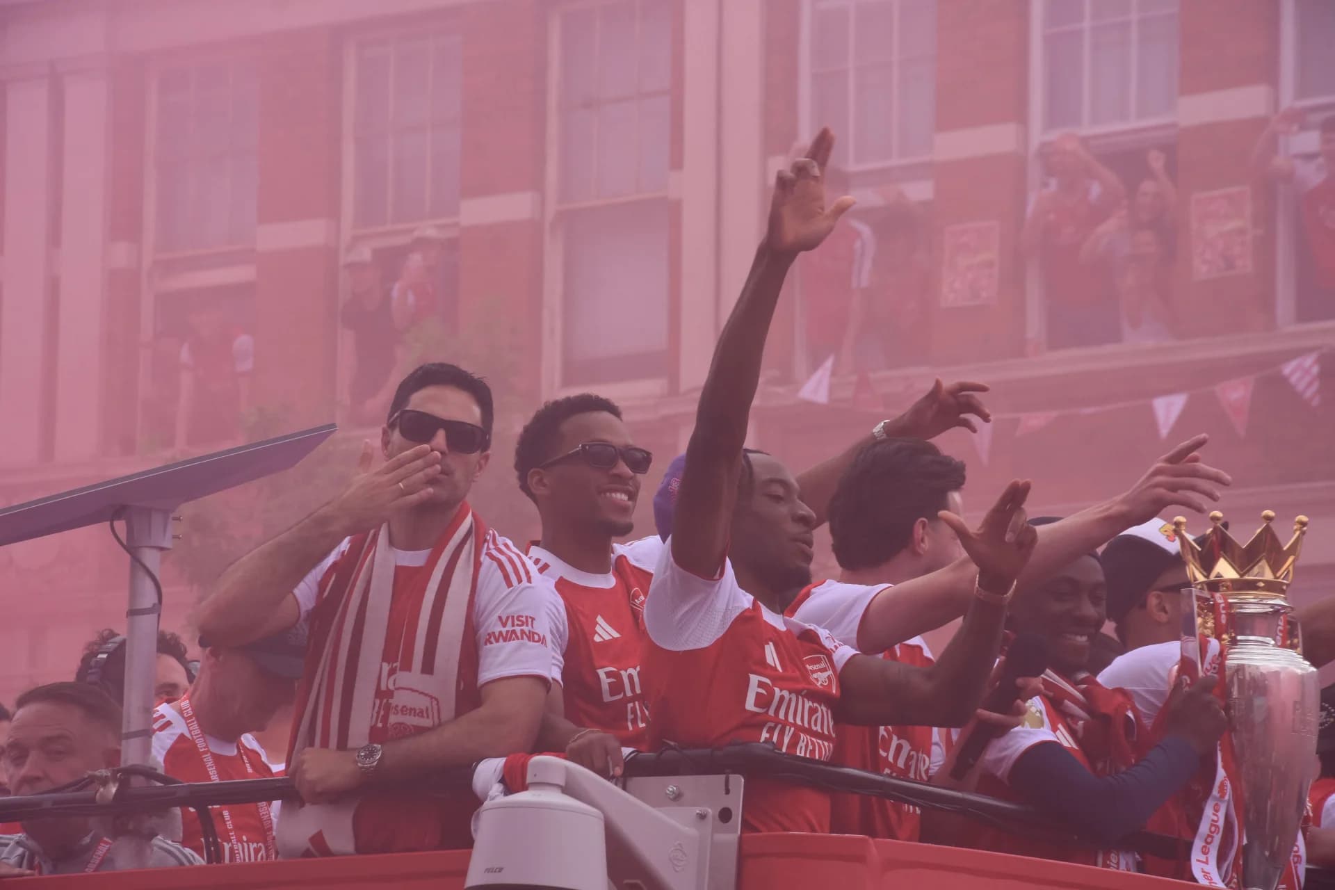 Mikal Arteta and members of Arsenal Football Club holding the 25-26 Champions League Trophy at Highbury for the first time in 22 years
