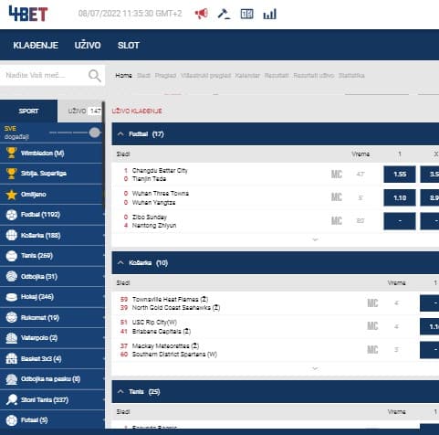 4Bet Uživo Klađenje - Klađenje na utakmice koje su u toku za sportove koji su izlistani u meniju sa strane