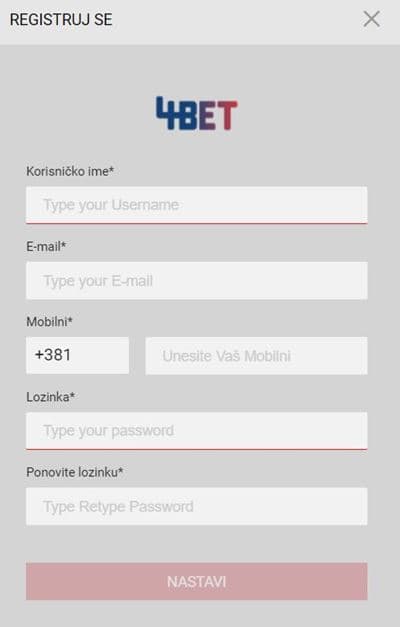 Registracija na 4bet-u - Unesite korisničko ime, e-mail adresu, broj mobilnog telefona i lozinku