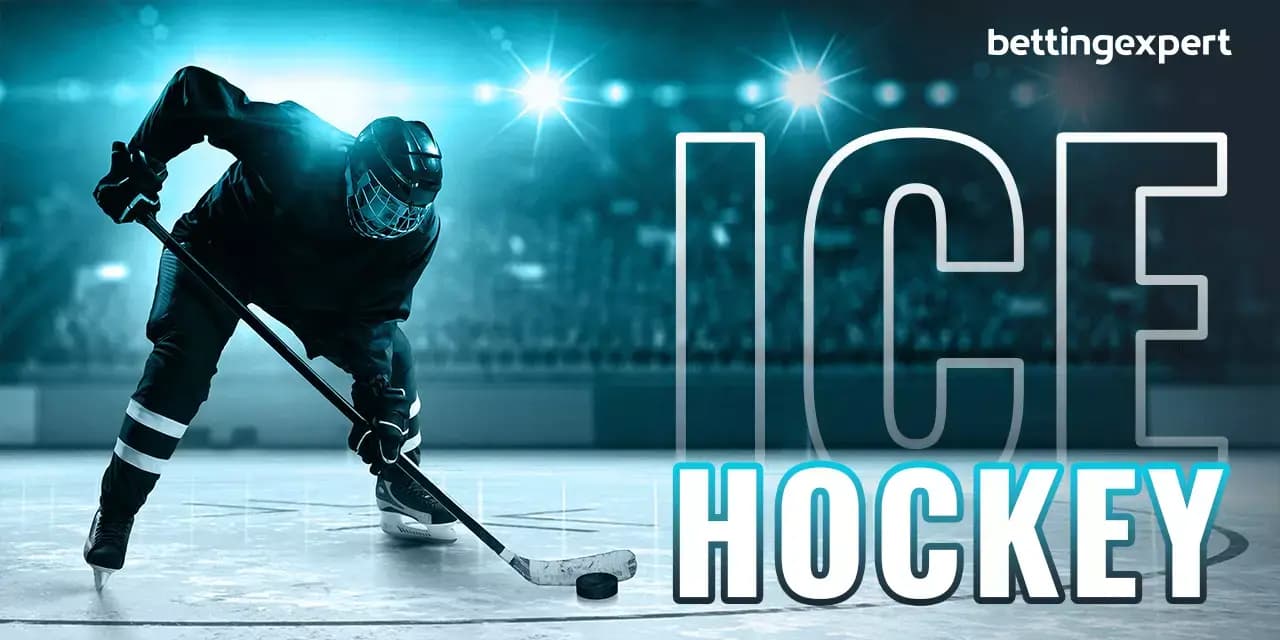 Ice hockey player leading a puck, with words Ice Hockey and bettingexpert overlaid on the right side of the image