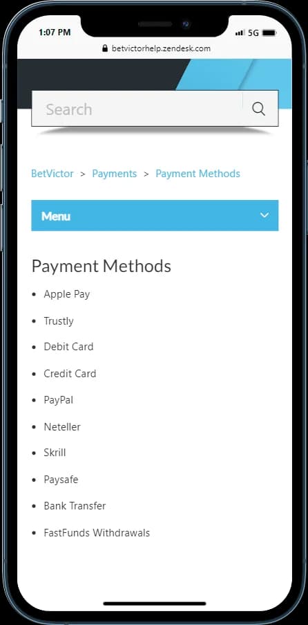 BetVictor Payments methods