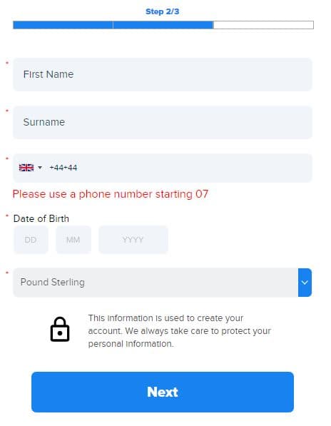 Step 2 of registering at Betbull