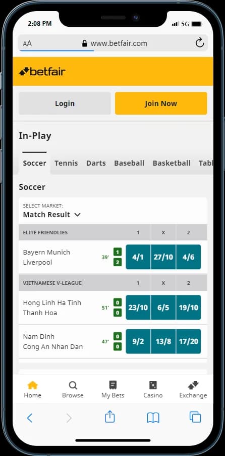 Betfair In-play betting