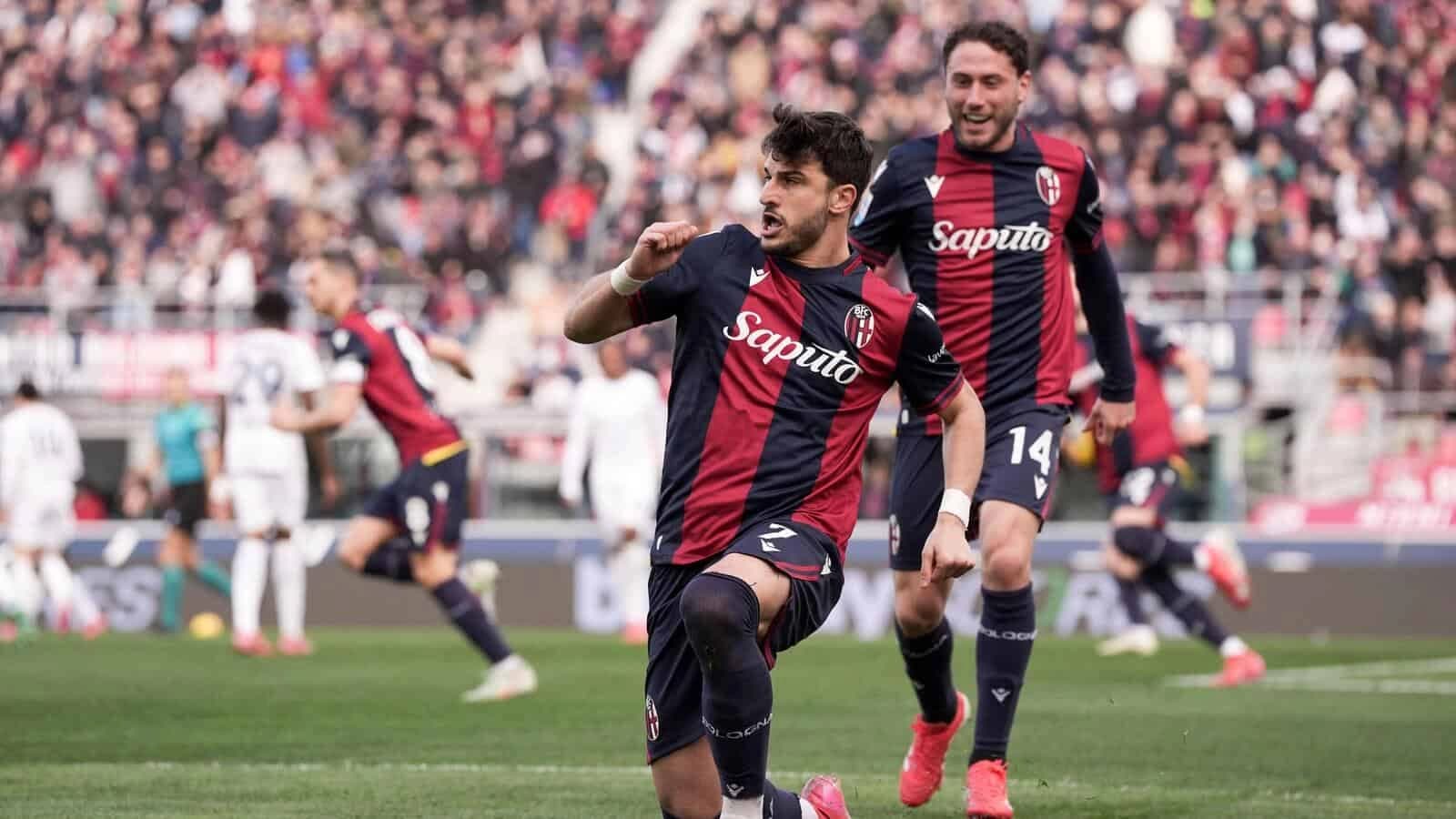 Bologna's Riccardo Orsolini celebrates after scoring