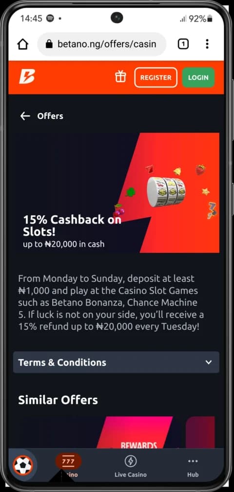 Promotions at Betano Casino - 15% Cashback on Slots
