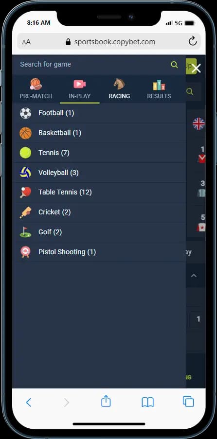 CopyBet In-play betting