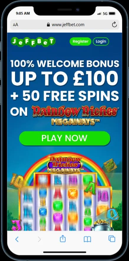 JeffBet Casino Welcome Offer - 100% Welcome Bonus up to £100 + 50 Free Spins on Rainbow Riches Megaways