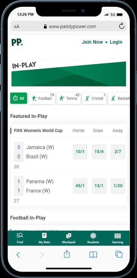 Check out Paddy Power live betting options for different sports matches
