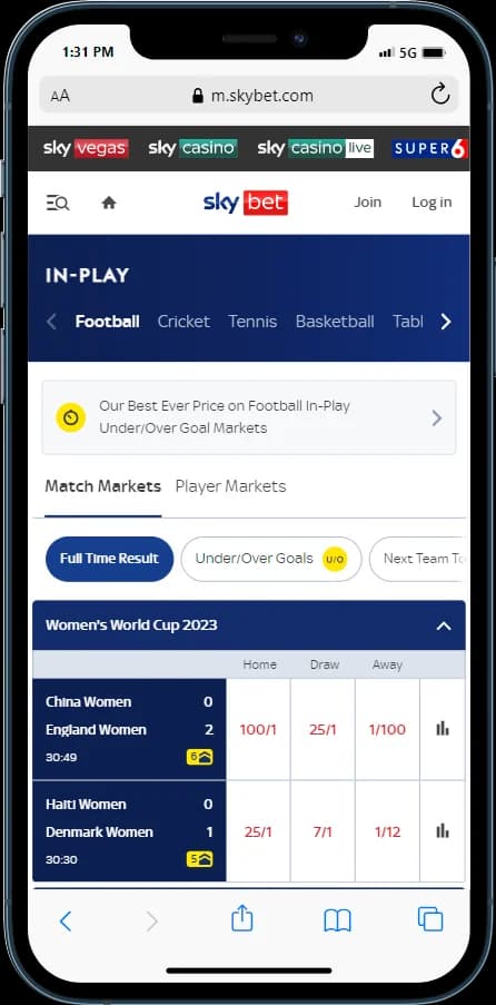 SkyBet Bookmaker In-play betting