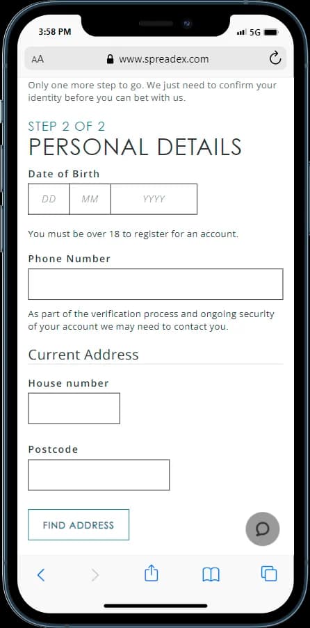 SpreadEx Registration 2nd Step