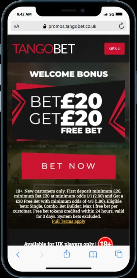 Tangobet Bonus Offer - Bet £20 Get £20 Free Bet