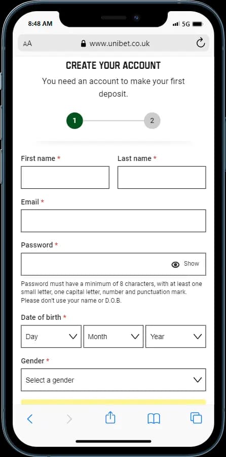 Let's start with your personal details to sign up at Unibet