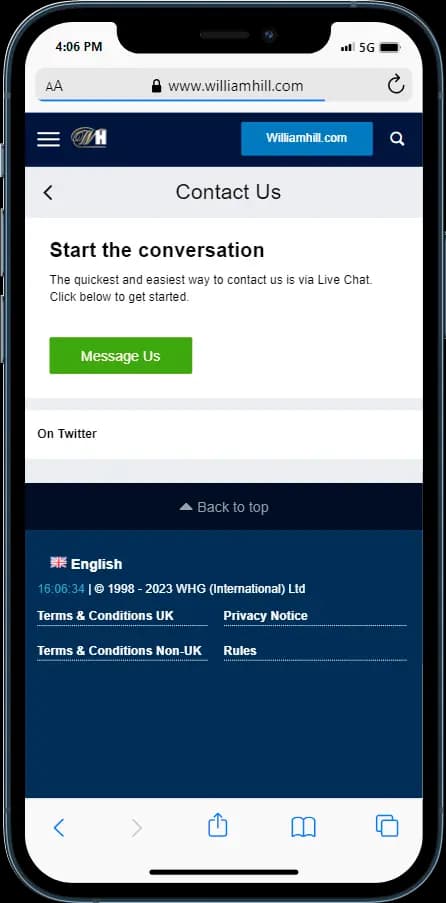 William Hill customer service - Find "message us" options and start the conversation