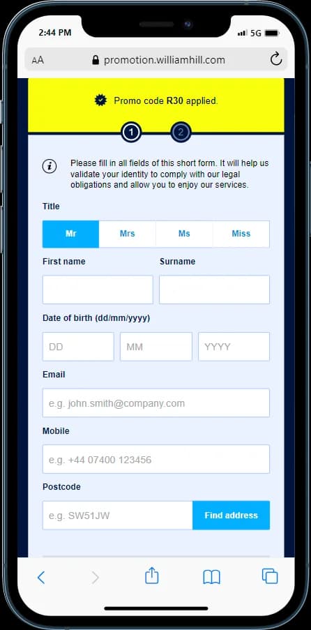 William Hill sign up - provide your personal information to register at William Hill