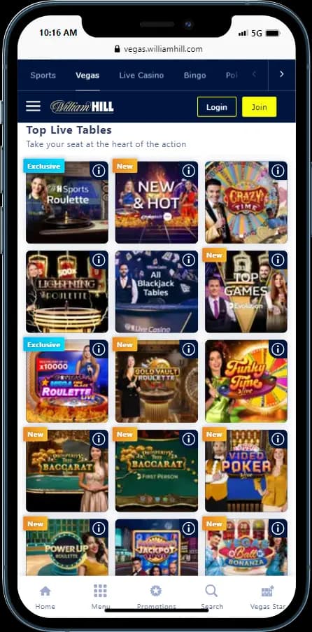 William Hill Vegas - Top Live Tables