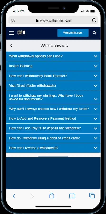 Check out the William Hill FAQ Section to find out more out withdrawals 