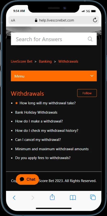 Check out the Withdrawal FAQ Section at LiveScore Bet 
