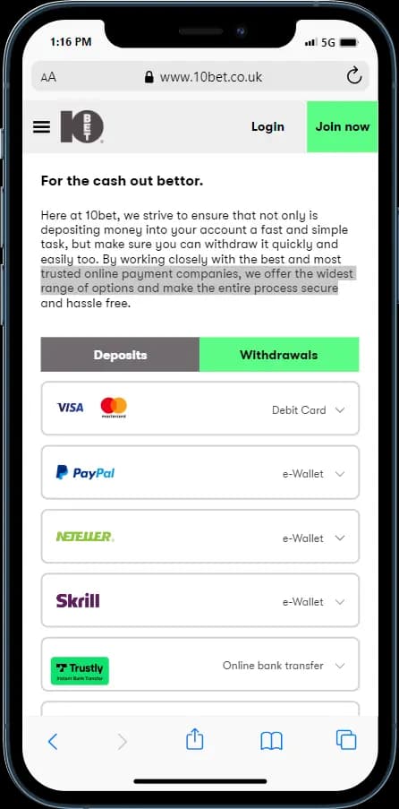 Check out all the Withdrawal Options at 10bet