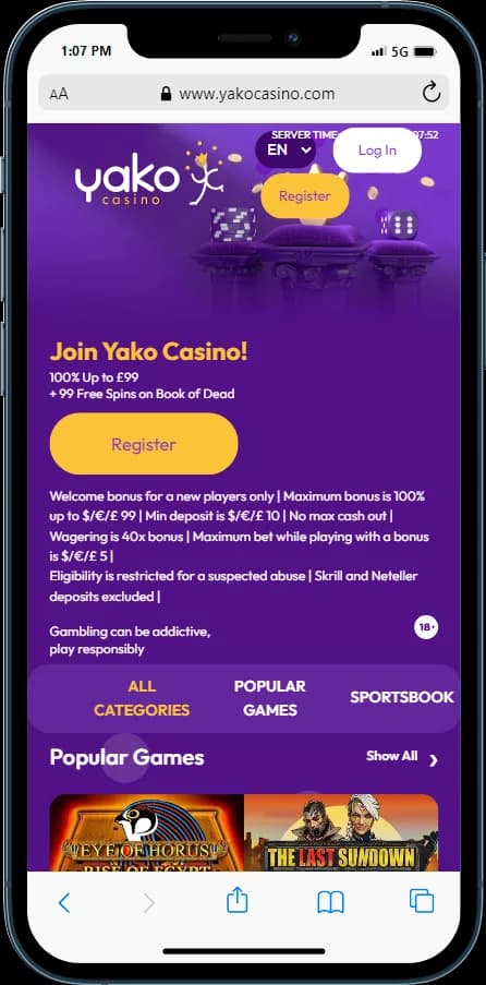Yako Casino Welcome Bonus - 100% up to £99 + 99 spins 