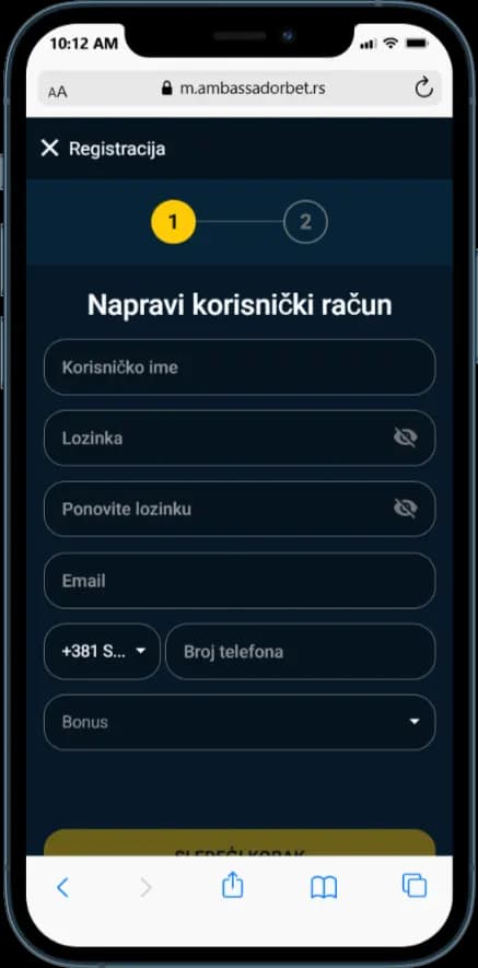 Ambassadorbet registracija - korak 1