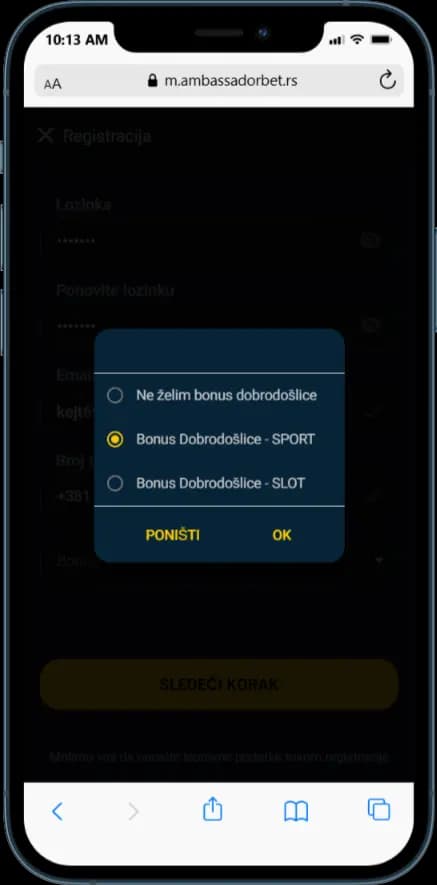 Ambassadorbet izbor bonusa dobrodošlice prilikom registracije