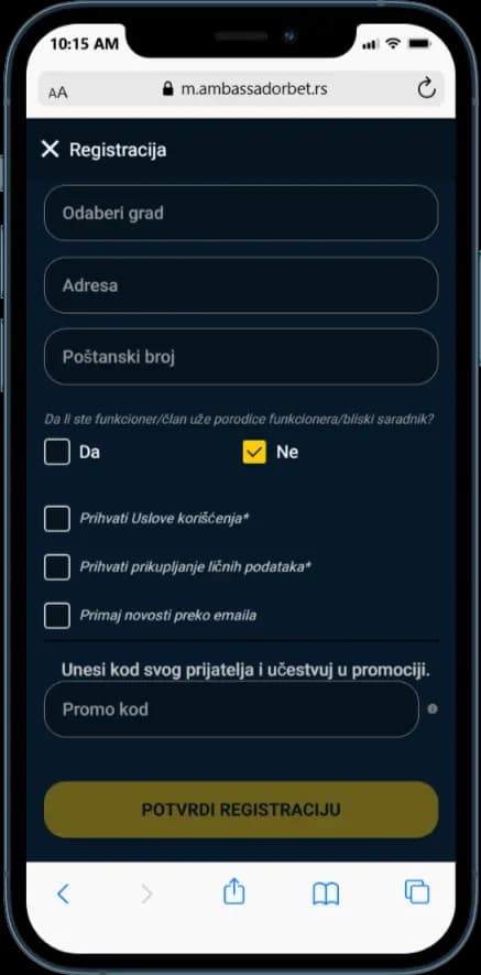 Ambassadorbet Promo kod polje prilikom registracije