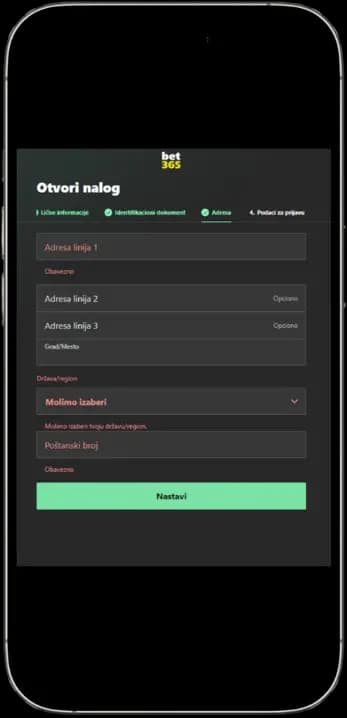 Registracija na bet365 - Korak 3