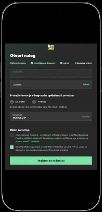 Registracija na bet365 - Korak 4