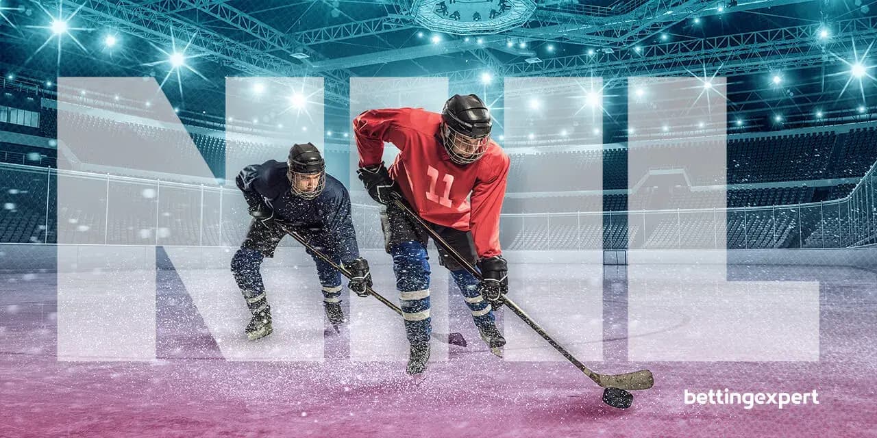 Two ice hockey players, one behind the other, with the NHL text overlaid on the ice hockey field background, signifying the NHL 25/26 Season preview