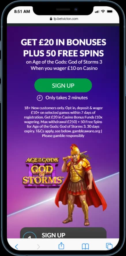 BetVictor Casino Welcome Offer - Get £20 in Casino bonus funds + 50 FS on Age of the Gods: God of Storms 3 When you wager £10 on Casino