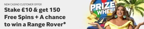 betway Casino Welcome Bonus - Stake £10 Get 150 Free Spins + a chance to win a Range Rover 