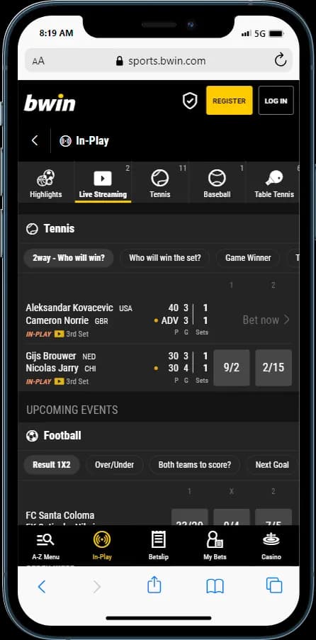 Bwin Live Options - Live betting section for its registered users