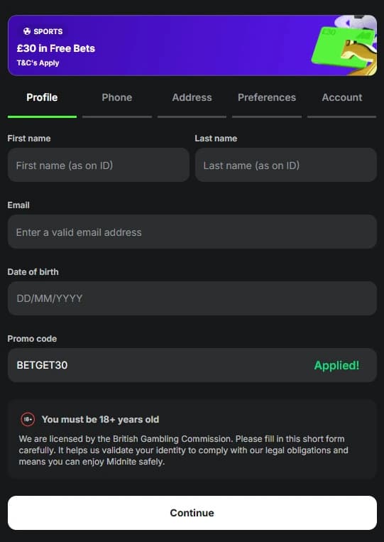 Midnite Sign Up 