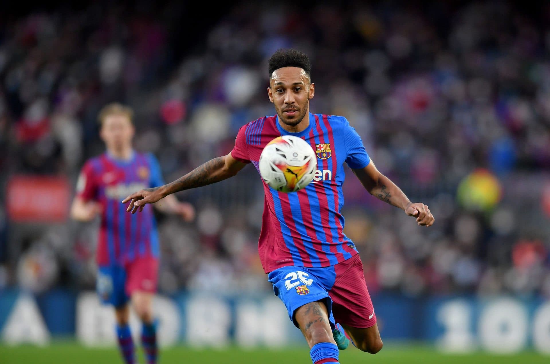 Pierre-Emerick Aubameyang (25) of FC Barcelona during the twenty three day of La Liga Santader match between FC Barcelona and Atletico de Madrid at Camp Nou