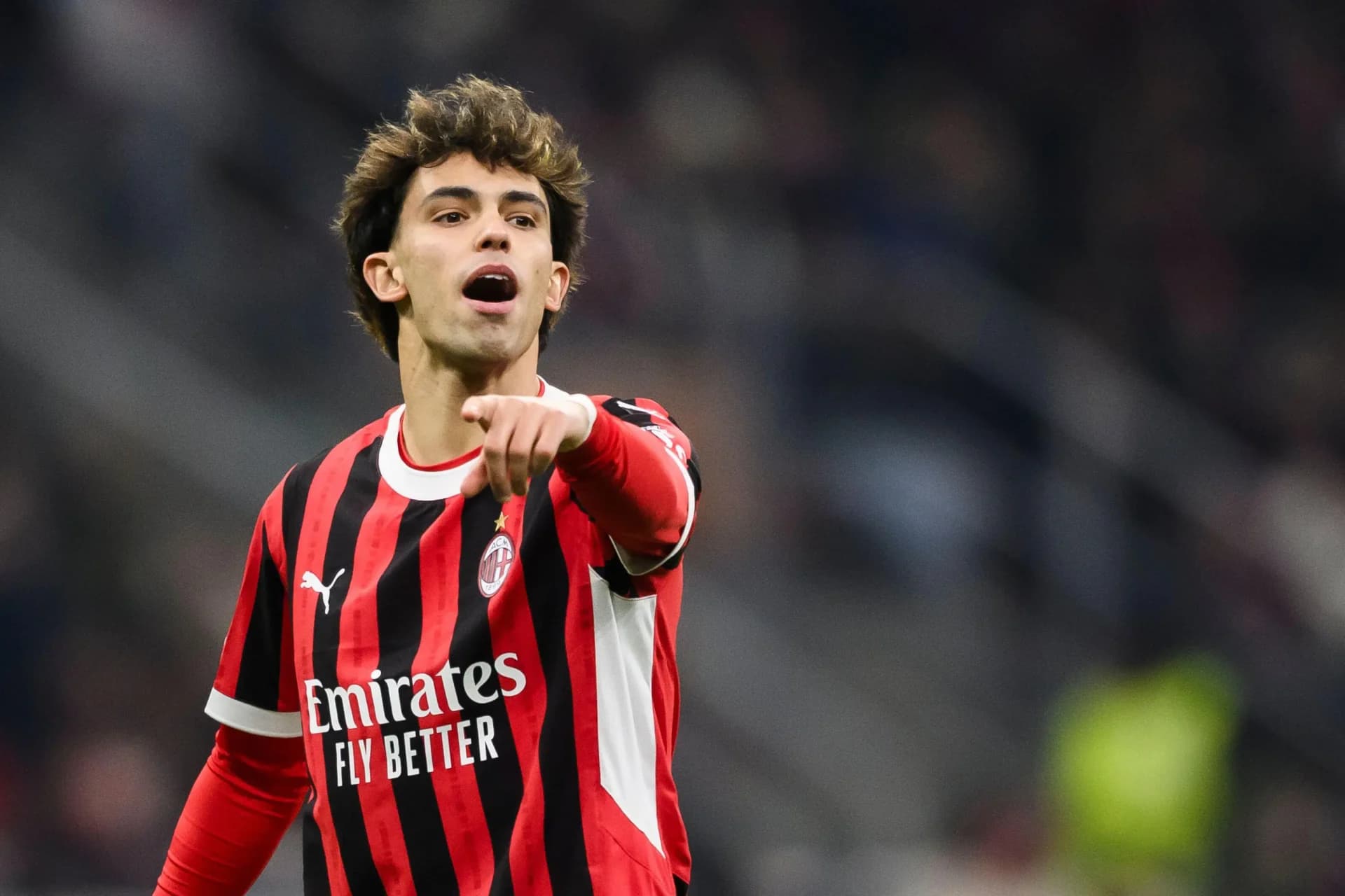 Milan, Italy. 18 February 2025. Joao Felix of AC Milan gestures during the UEFA Champions League 2024/25 knockout phase play-off second leg football match between AC Milan and Feyenoord. Credit: Nicolò Campo/Alamy Live News - Image ID: