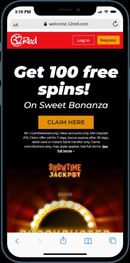 32 Red Casino Bonus Offer - Deposit £10 & Get 100 free spins on Sweet Bonanza