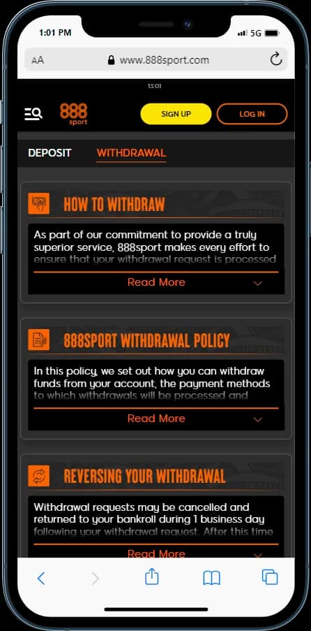 Check out 888sport help center to find out more about withdrawal