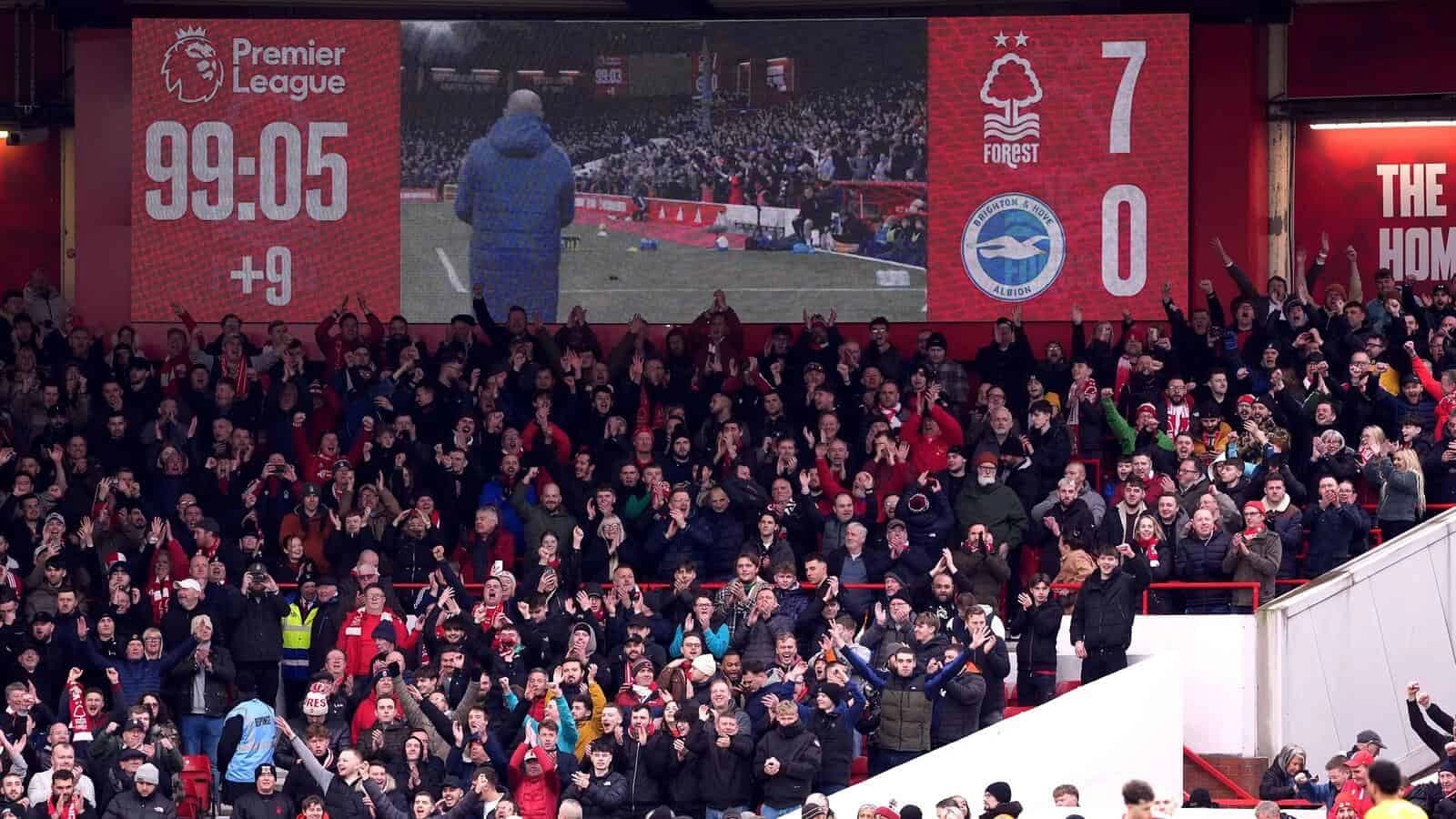 A big screen shows the 7-0 final score after the final whistle of the Premier League match at the City Ground, Nottingham