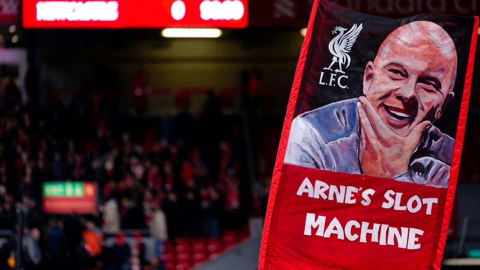 A view of a banner of Liverpool manager Arne Slot after the Premier League match at Anfield