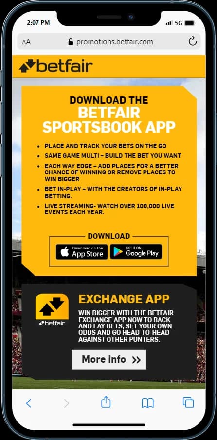 Betfair iOS and Android app