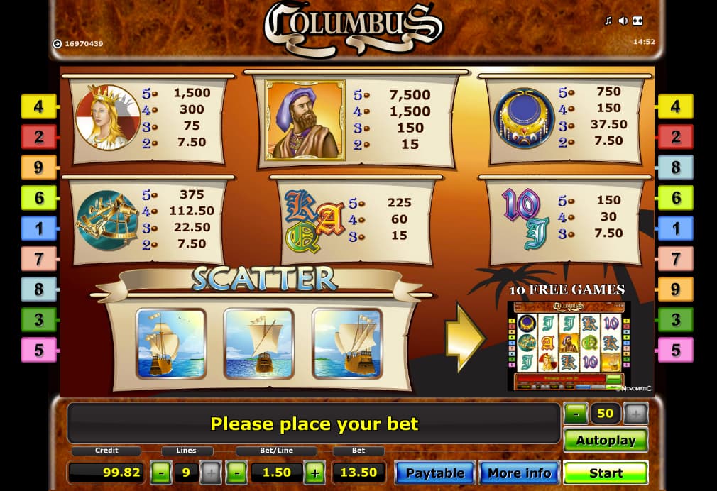 Columbus slot paytable