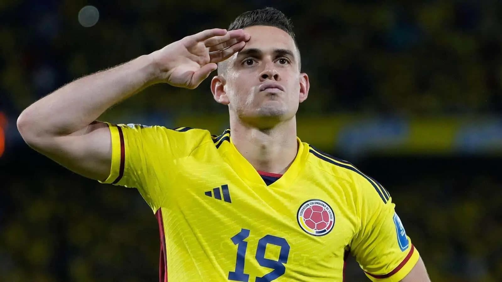 Colombia's Rafael Santos Borre celebrates scoring his side's opening goal