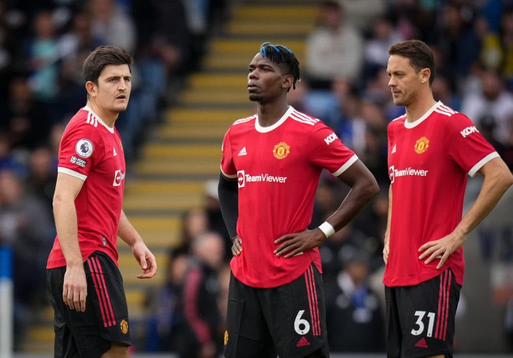 Harry Maguire, Paul Pogba and Nemanja Matic of Man Utd during the Premier League match