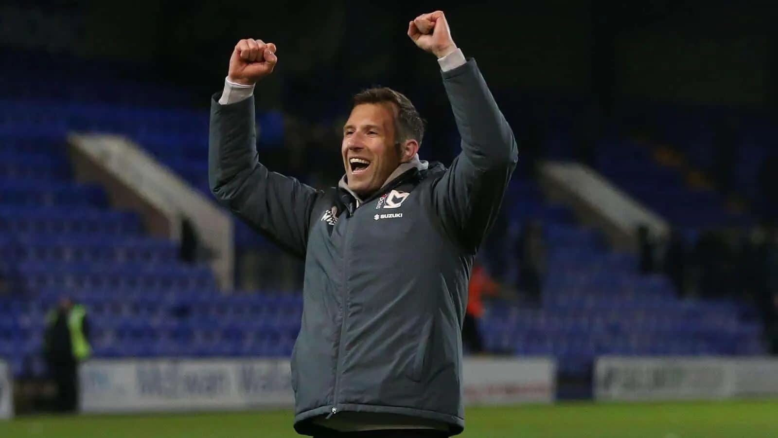 Michael Williamson the Milton Keynes Dons Manager (c) celebrates the win